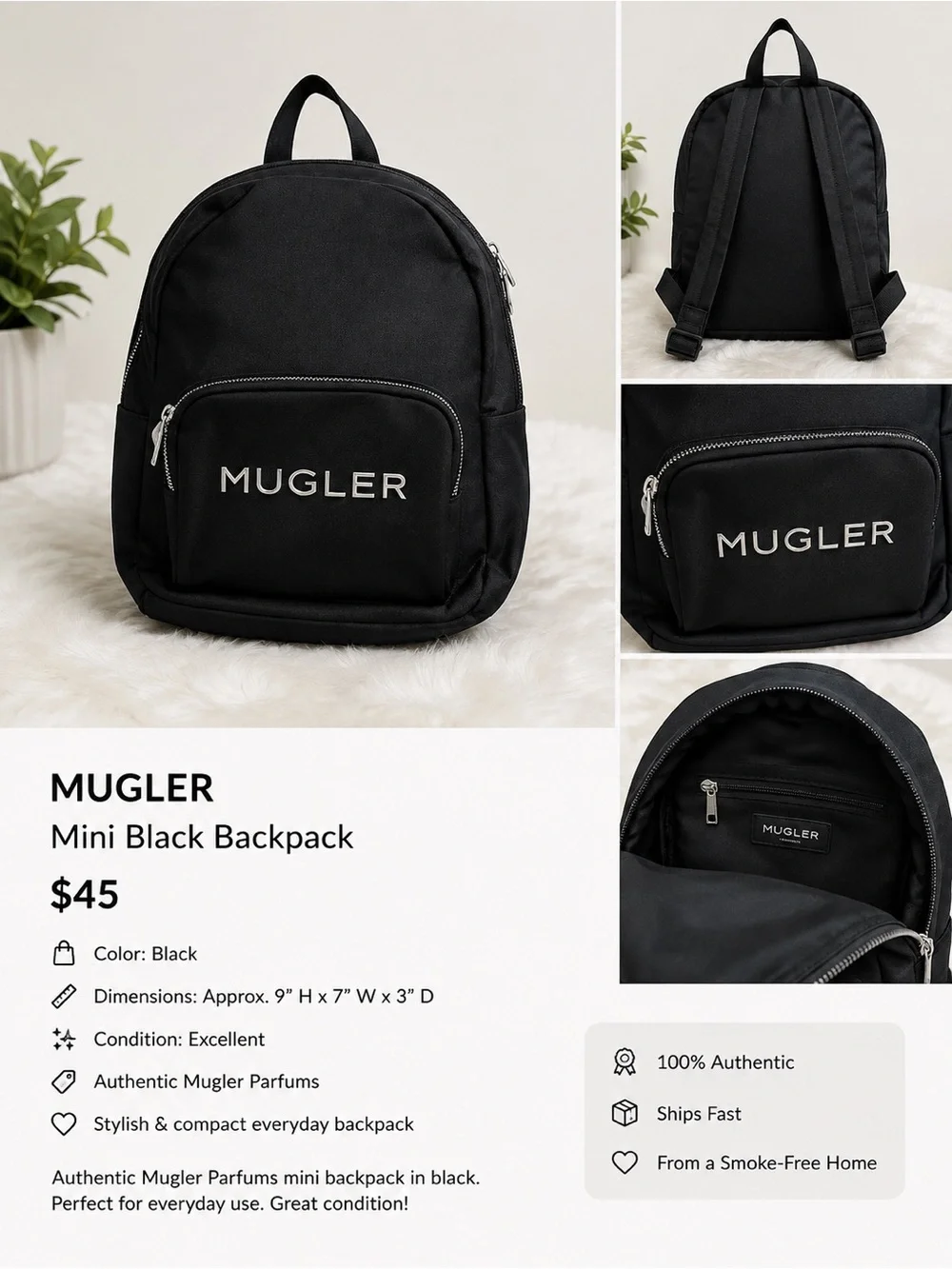 Mugler Black Mini Backpack with Front Logo Pocket